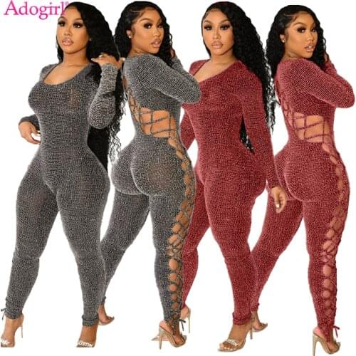 Adogirl Cross Lace Up Knitted Jumpsuit Women Sexy Hollow Out Long Sleeve Bandage Overalls 2021 Autumn Winter Club Romper