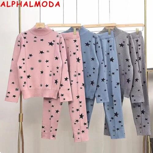 ALPHALMODA 2021 Autumn Winter Fashion Stars Knitted Sweater Pants 2pcs Suits Women Season Trendy Jogger Set