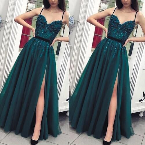 SuperKimJo Robe Green Lace Prom Dresses 2020 Spaghetti Straps Beaded Tulle Cheap Elegant Prom Gown Abendkleider
