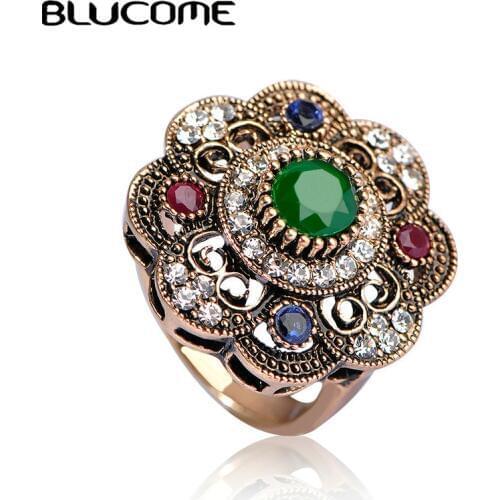 Blucome Vintage Round Green Flower Ring Antique Gold-color Crystal Resin Rings For Women Party Turkish Metal Jewelry Anel Anillo
