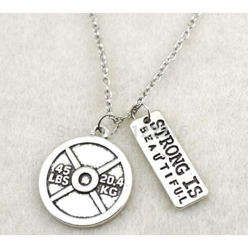 10pcs a lot antique silver plated Vintage Circle 45LBS 20.4KG Weight Plate and Strong is Beautiful Gym necklace