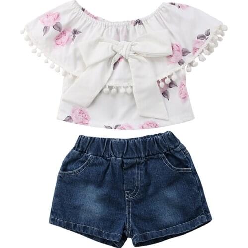 Summer New Toddler Kids Girl Clothes Off shoulder Floral Tassel Ball Bowknot Tops+Denim Shorts Hot Pant Jean 2PCS Children Set