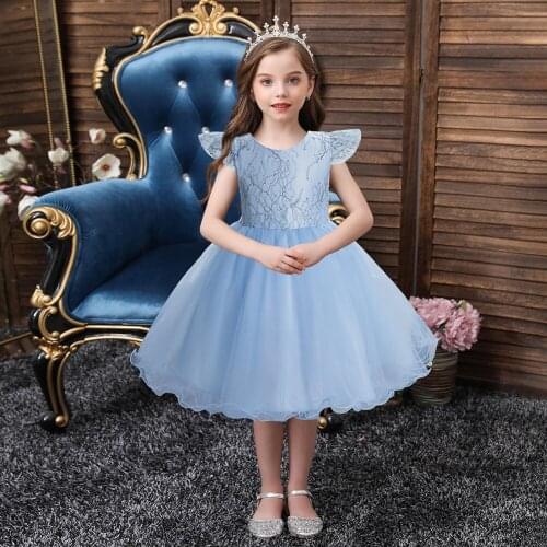 2021 Summer Girl Knee-Length Sweet Lace Dress Lace Princess Dress Girls Flying Sleeve Dress