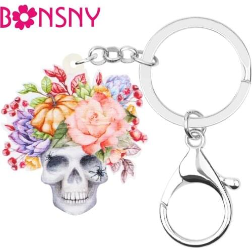 Bonsny Acrylic Halloween Flower Skeleton Skull Keychains Key Ring Jewelry Gift For Women Handbag Wallet Accessory Fashion Charms