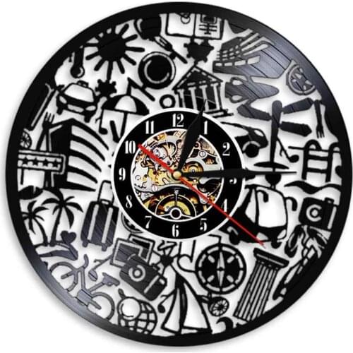 Travel Theme Decorative Silent Quartz Wall Clock Made Out Of Vinyl Record LP Tourism Travel Retro Vintage Wall Hanging Watch