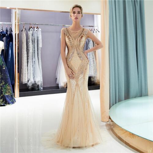Fantastic Mermaid Gold Prom Dresses Slim Long Bling Bling Luxurious Beaded Full Sleeveless Dubai Fashion Evening Party Gowns