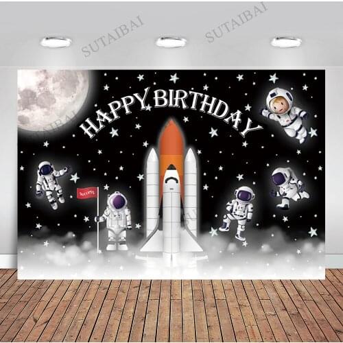 Custom Outer Space Theme Backdrop for Kid Birthday Space Party Planet Birthday Decoration Astronaut To The Moon Photo Background