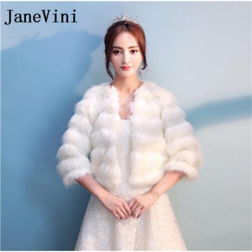 JaneVini 2018 White 3/4 Long Sleeve Faux Fur Wraps For Wedding Winter Worm Jacket Bolero Stoles Women for Evening Party Dresses