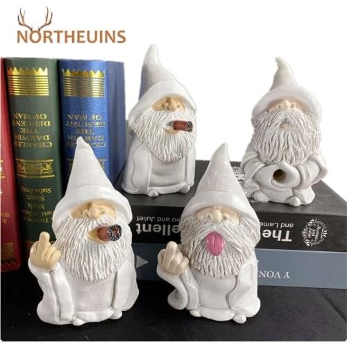 NORTHEUINS 15cm Resin White Beard Dwarf Figurines Cerative 3D Smoking Elves Cigar Middle Finger Home Interior Garden Decoration