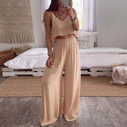Fashion Tracksuit 2 Piece Set Summer Sling Solid Blouse Shirt + Loose Long Pant Sports Suit Sweatshirt Sportswear Suit For Woman