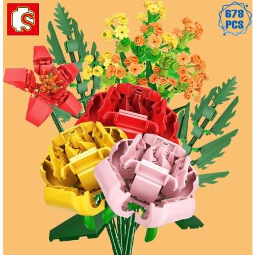 SEMBO Creative Diy Flowers Bouquet Building Blocks Moc Home Decoration Plant Brick Assembly Toys for Girls Friends Festival Gift