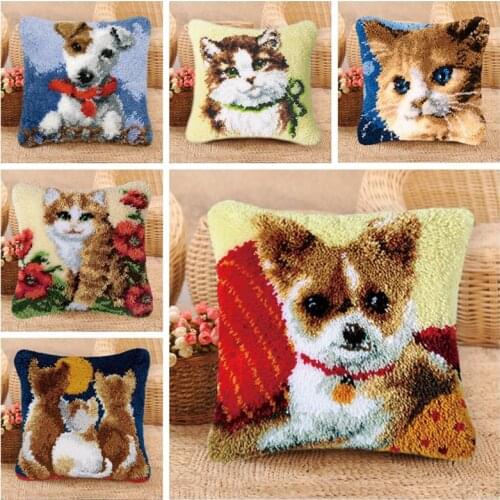 Latch Hook Pillow Cat and Dog Smyrna European and American Style Latch Hook Cute Animal Series Latch Hook Kit DIY Package Pillow