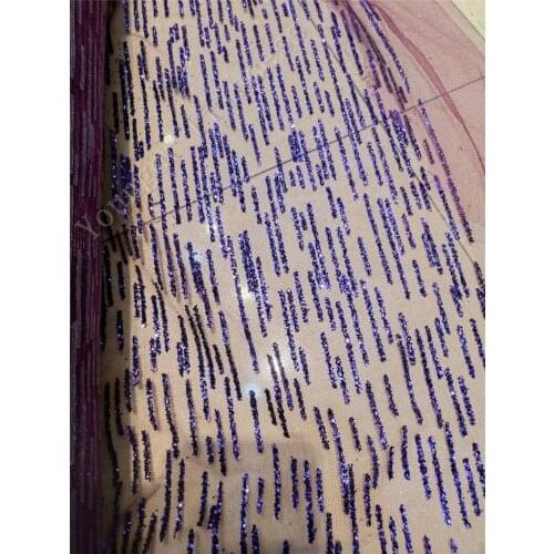 Small strip design african indian lace fabric YG-09 with glued glitter for wedding /evening dress in dark purple color