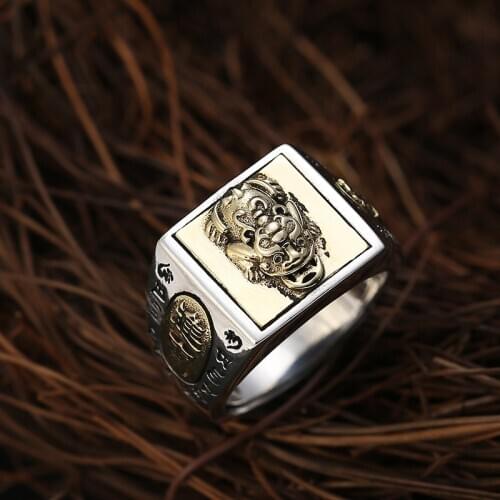 Men Adjustable Ring Real 925 Sterling Silver color Buddha Mantra Amulet Lucky Fortune Brave Troops Engagement Ring Jewelry Gifts