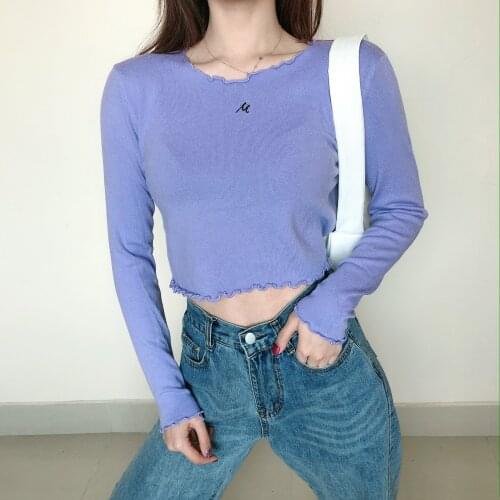 Spring and autumn new Korean version of the wood ears show body temperament long-sleeved sweater T-shirt short top