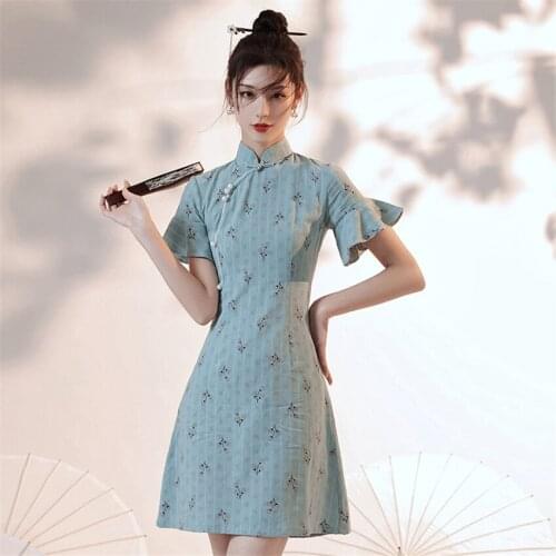 Cheongsam Dress Chinese Traditional Clothes for Women Qipao Modern Floral Print Solid Color Slim Sexy Short Wedding Dresses