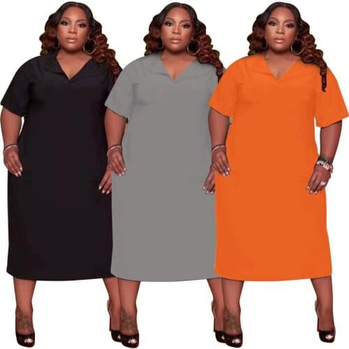 Plus Size Womens Clothes Sexy V Collar Short Sleeves Spocket Olid Color Burnt Flower Ripped Midi Dress Wholesale Dropshipping