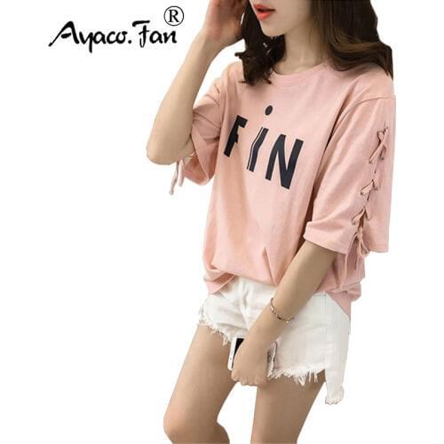 Plus Size 5XL Loose Shirts for Women Students Girls 2019 Summer New Lace Up Short Sleeve Letter Print Shirts Casual Lady Tops