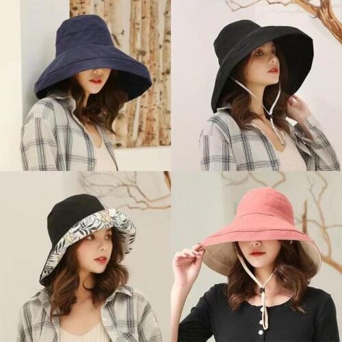 Spring And Summer Foldable Womens Fashion Outdoor Sunscreen Double Side Basin Hat Pure Cotton Leisure Big Eaves Fishermans Hat