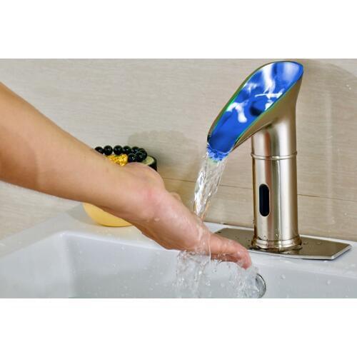 Modern Solid Brass LED Sensor Brushed Nickle Bathroom Vanity Faucet Tap Single Cold Water