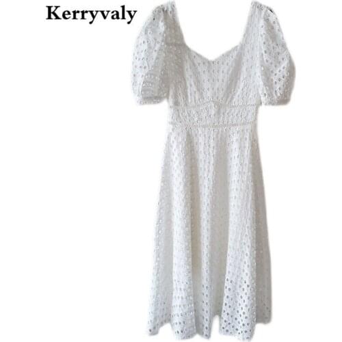 High-end French Retro Square Collar Waist White Midi Party Dress Summer 2021 New High-waisted Hollow Out Princess Dress