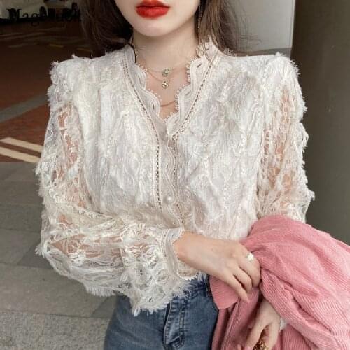 Vintage V-neck Long Sleeve Lace Blouse Women Tops Tassel White Woman Shirts Blusas Hollow Out Lace Crochet Ladies Blouses 16095