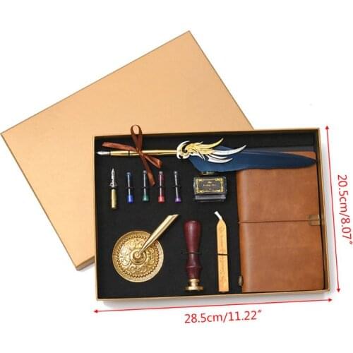 Retro Vintage Calligraphy Feather Fountain Pen Writing Ink Leather Notebook Set 37MC