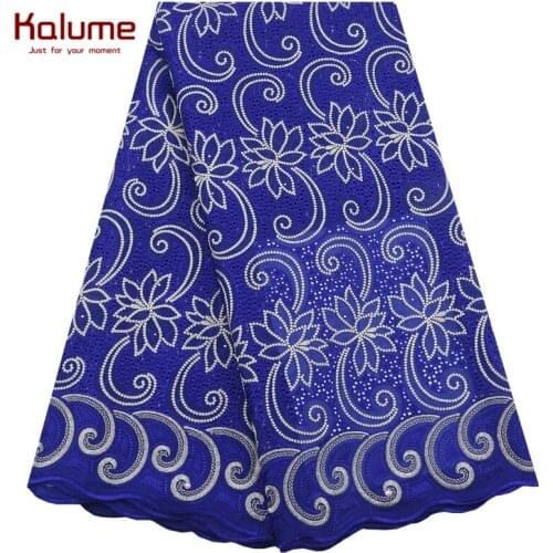 Kalume High Quality African Lace Fabric Royal Blue Nigerian Swiss Cotton Lace Fabric With Stones Cotton Lace For Dress Sew F1939