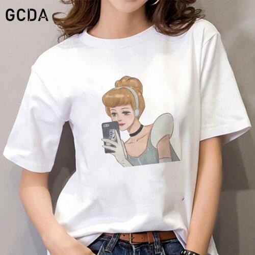 Women T-shirt Cartoon Cinderella Disney Princess Selfie Print Tshirt Ladies Fashion Tee Female Cute Harajuku Top Girls Clothes