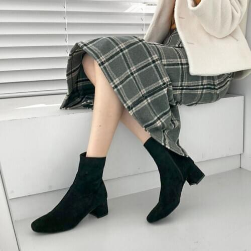 Square Head Women Ankle Boots High Heel Elastic Boot Female Fashion Boots Black Brown Apricot White Size 33-42