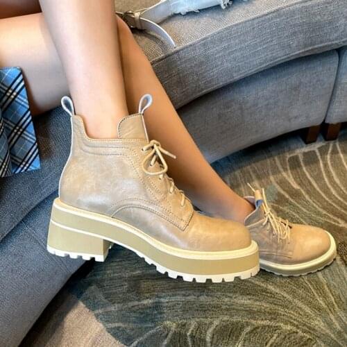 2021 Autumn Platform Shoes Women Round Toe Chunky Heel Women Boots Solid Lace-Up Short Platform Boots Motorcycle Boots for Women