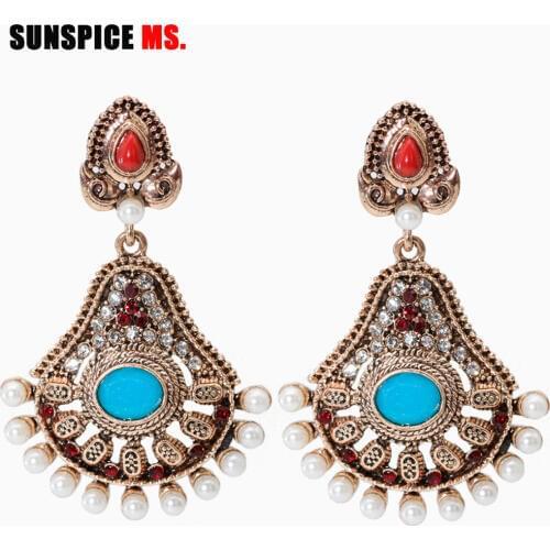 SUNSPICE MS Ethnic Indian Bead Earring Jewelry For Women Wedding Gifts Antique Gold Color Mosaic Coloured Stones Morocco Egypt