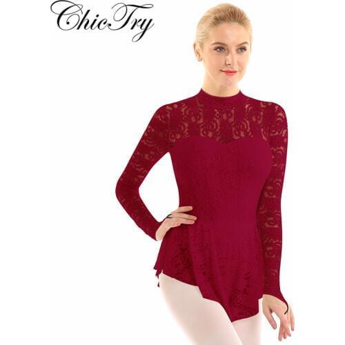 Women Lyrical Dance Costumes Long Sleeve Floral Lace Chiffon Dance Ballet Dress Gymnastics Leotard for Dancewear Performance