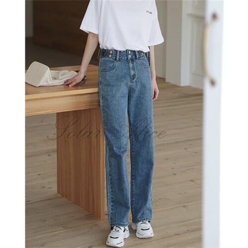 Free shipping womens 2020 spring and autumn new high waist double buckle straight jeans thin section loose mopping trousers