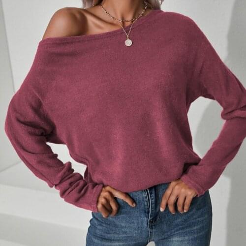 Autumn Knitted Sweaters Women Fashion Sexy Oblique Collar One Shoulder Pullover Loose Solid Color Long Sleeve Ladies Pullovers
