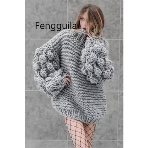 FENGGUILAI New Autumn and Winter Loose Collar Handmade Three-Dimensional Lantern Sleeve Womens Head Knitted Sweater One Size