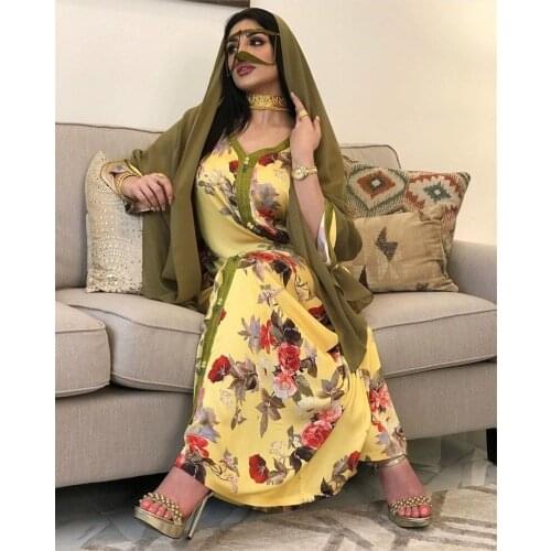 Eid Ramadan Elegant Ethnic Floral Maxi Dress for Women 2021 Loose Muslim Jalabiya Long Sleeve Arabic Oman Dubai Islamic Clothing