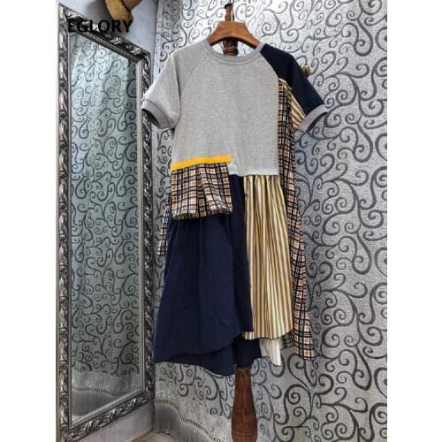 Tops Fashion New 2021 Spring Summer Dress High Quality Women O-Neck Vintage Print Patchwork Short Sleeve Casual Cotton Dress