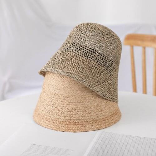202107-shi new summer Hand woven Salty grass raffia grass street bucket cap men women leisure hat