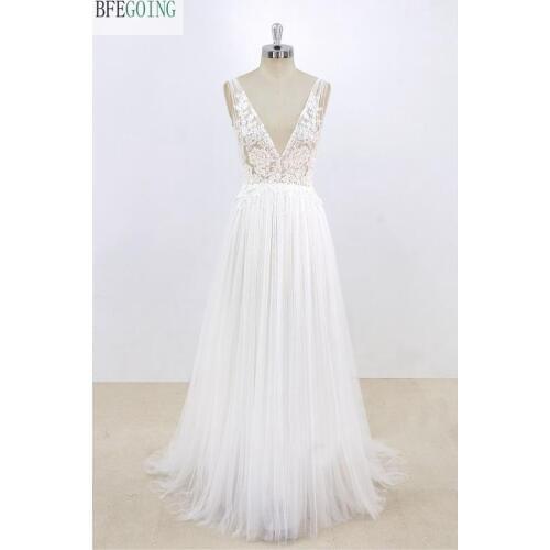 White Tulle Lace Appliques V-Neck Floor-Length A-line Wedding dresses Sweep /Brush Train Bridal gown Custom made