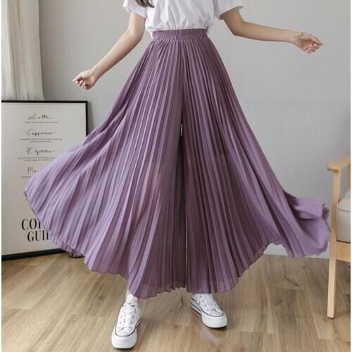 Summer Wide Leg Pants Women Casual Elastic High Waist pants Chiffon Loose Culottes Fashion Loose Long Pants Pleated Pant Trouser