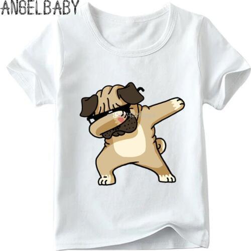 Children Dabbing/Hug/Dance Yellow Pugs Print Funny T shirt Baby Boys/Girls Summer White Tops Kids Cartoon T-shirt,ooo2163