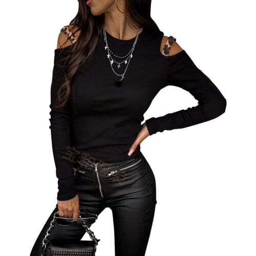 Sexy Hollow Out T-shirts Spring Women Tee Shirt Bodycon Round Neck Tops Casual Off Shoulder T Shirt Streetwear Top