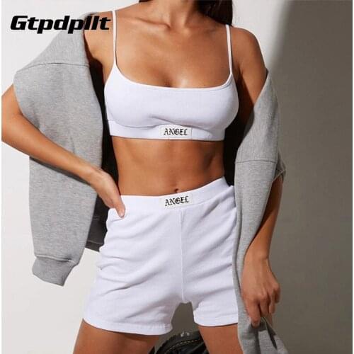 Gtpdpllt Summer Ribber Women Set White Spaghetti Strap Crop Top And Mini Biker Shorts Embroidery Two Piece Sets Sexy Outfit