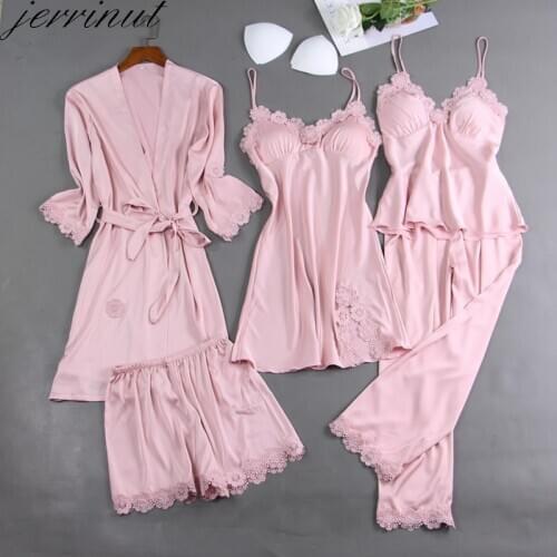 Jerrinut 5PCS Pajamas Set Silk Satin Womens Lace Nightwear Pyjamas Suit Female Lounge Sleepwear With Chest Pads Nighties