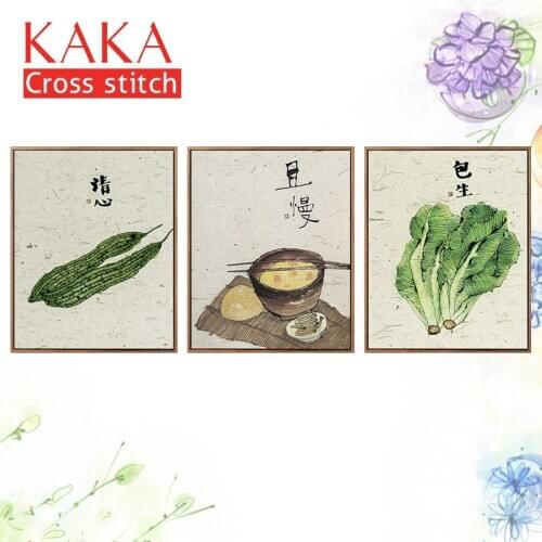 KAKA Cross stitch kits,5D Triplets Green vegetables,Embroidery needlework sets with printed pattern,11CT canvas,Home Decor Paint