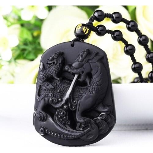 Natural Black Obsidian Kirin Pendant Fashion Boutique Hand Carved Peace and Auspicious Send Blessing Necklace