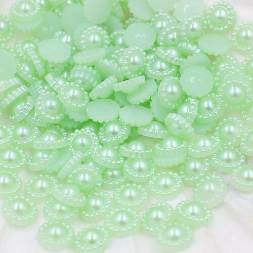 New 200pcs/Lot Light Green Flower Flat Back Half Round Imitation Pearl Beads 9mm Cameo Cabochon Beads Diy Jewelry Finding Making