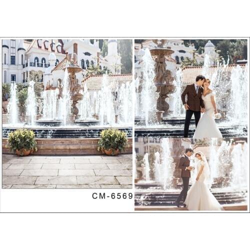 New Arrival Wedding Background Castle Behind with Fountain Brick Floor Wedding Vinyl Backdrops for Photography Custom Made