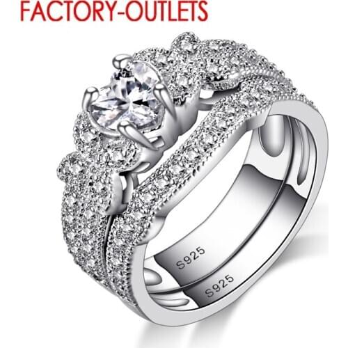 New 925 Rings For Women Love Heart CZ Crystal Fashion Lady Wedding Engagement Ring Set
